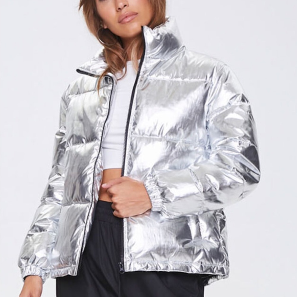 Metallic Puffer Jacket with flag detail